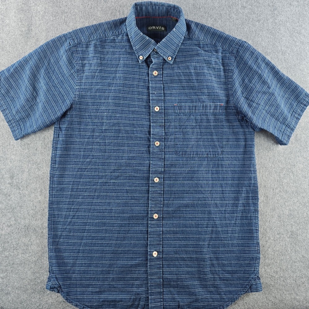 Orvis Short Sleeve Button Down Shirt Men Medium Blue Striped Cotton Pocket